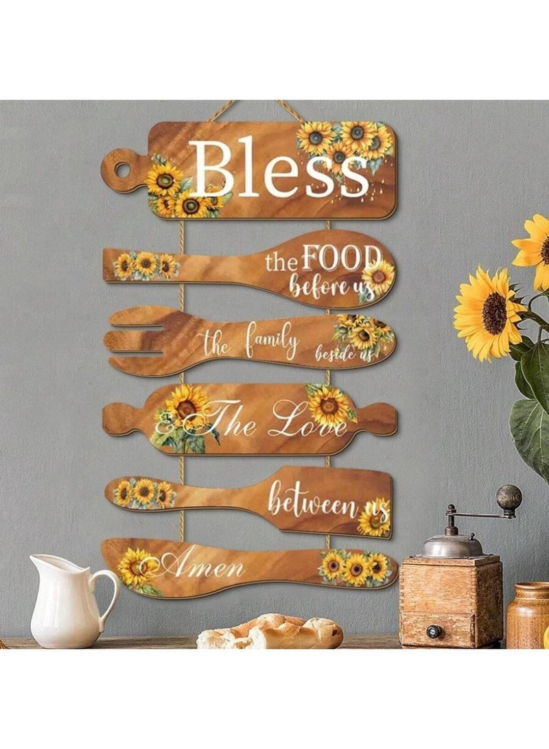Bless the Food Before Us Wall Hanging – Rustic Kitchen Wall Decor Sign – Wooden Spoon & Fork Quote Art – Farmhouse Dining Room Hanging Plaque - Image 1